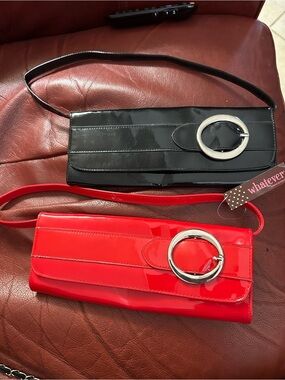 Red and Black Patent Wristlet Clutch with Silver Ring Accent